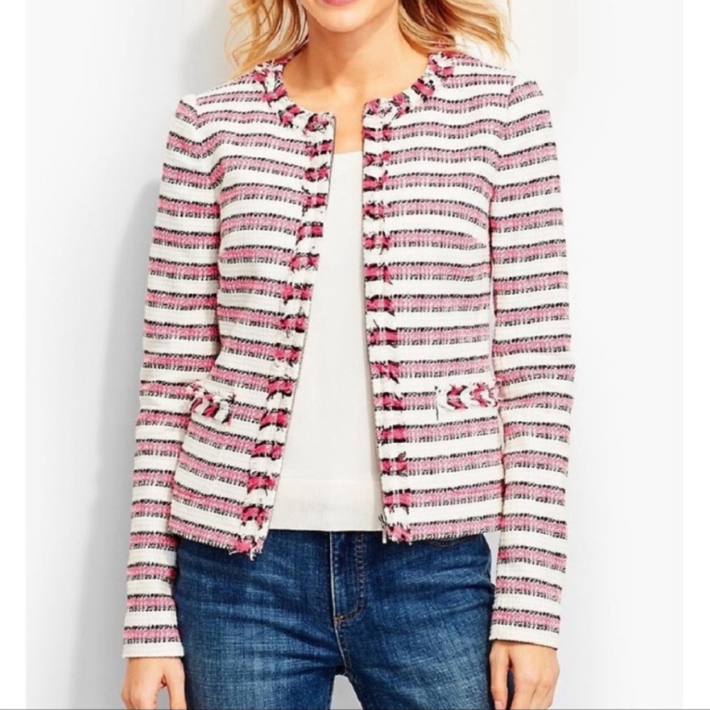 Talbots Cropped Tweed Zip Front Blazer Jacket Pink White Stripes Size 8